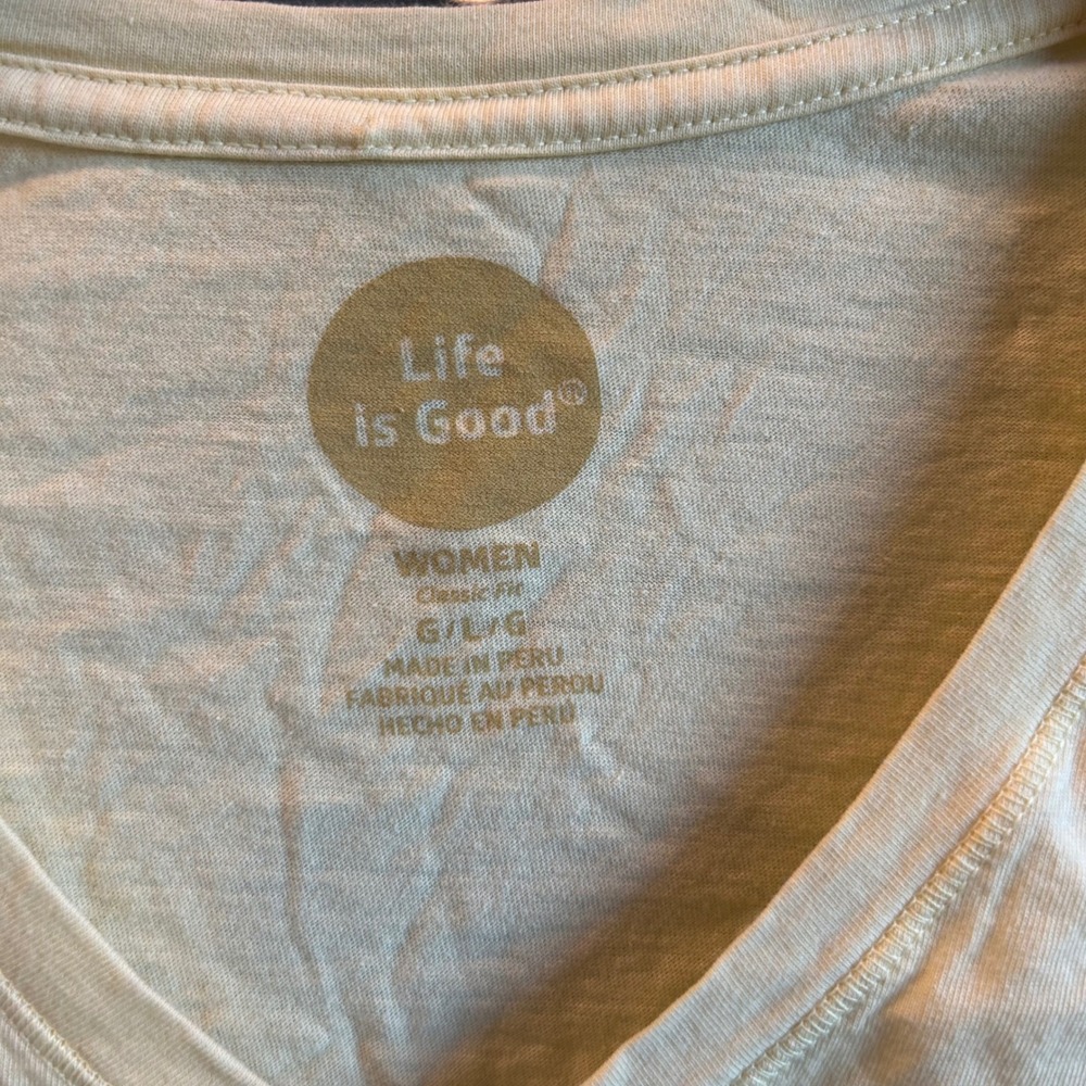 Life is Good Womens T Shirt Large Classic Fit Yellow Go Places Mtn Sunset V Neck - Picture 6 of 8